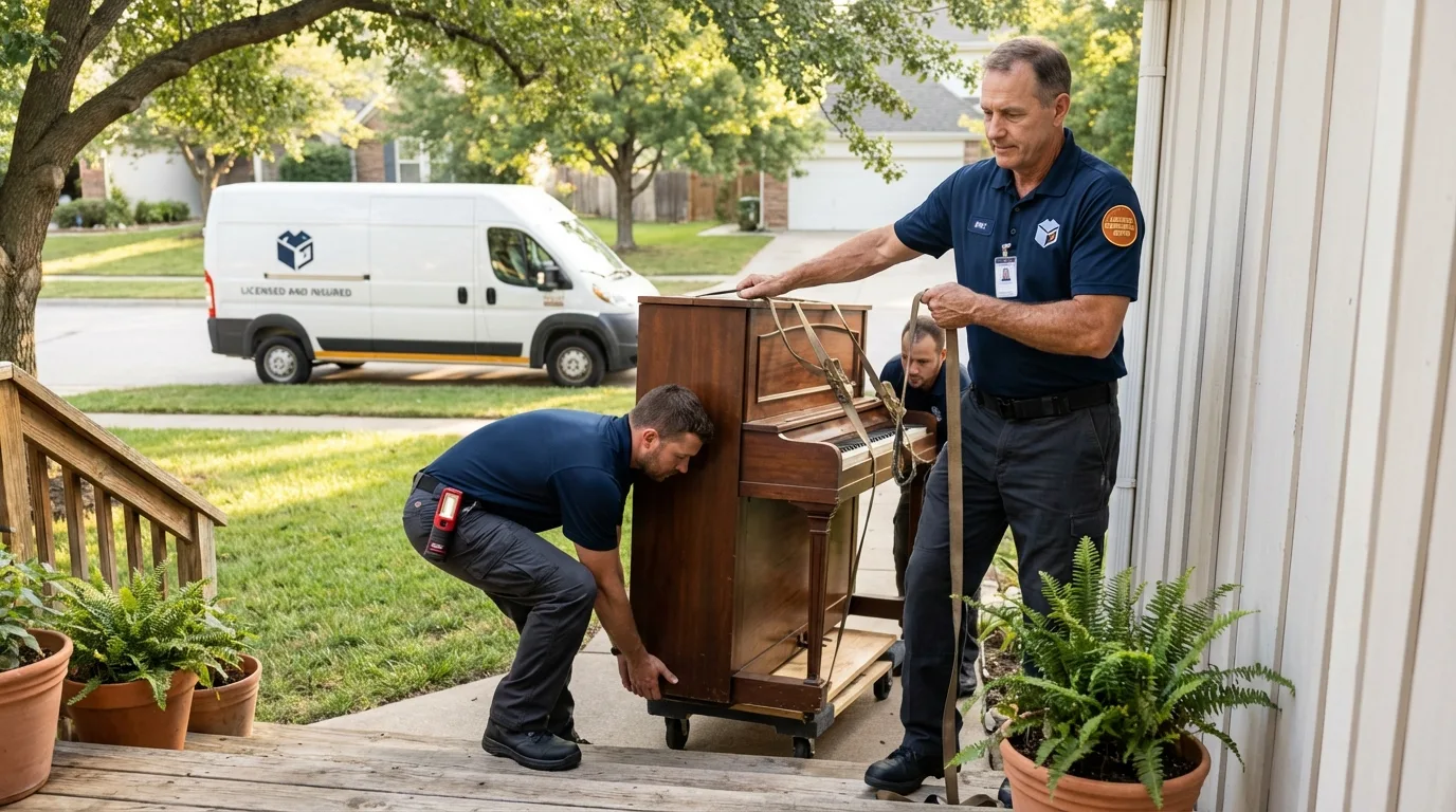 Licensed piano movers securing grand piano in Lincoln, AL