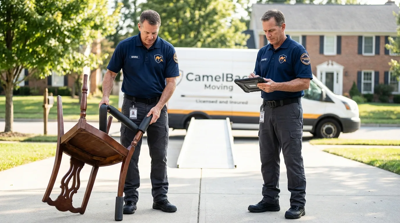 Movers inspecting furniture for damage prevention before loading in Lincoln, AL