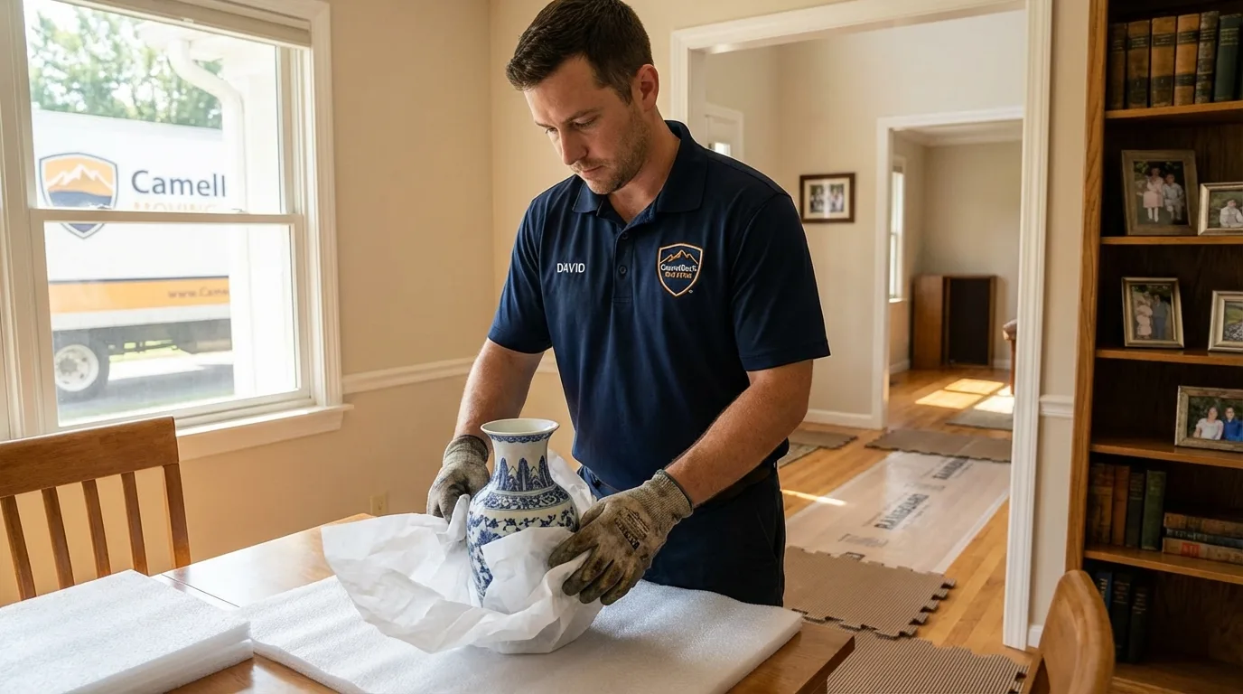 Professional crew carefully wrapping antique vase for senior downsizing move in Lincoln, AL